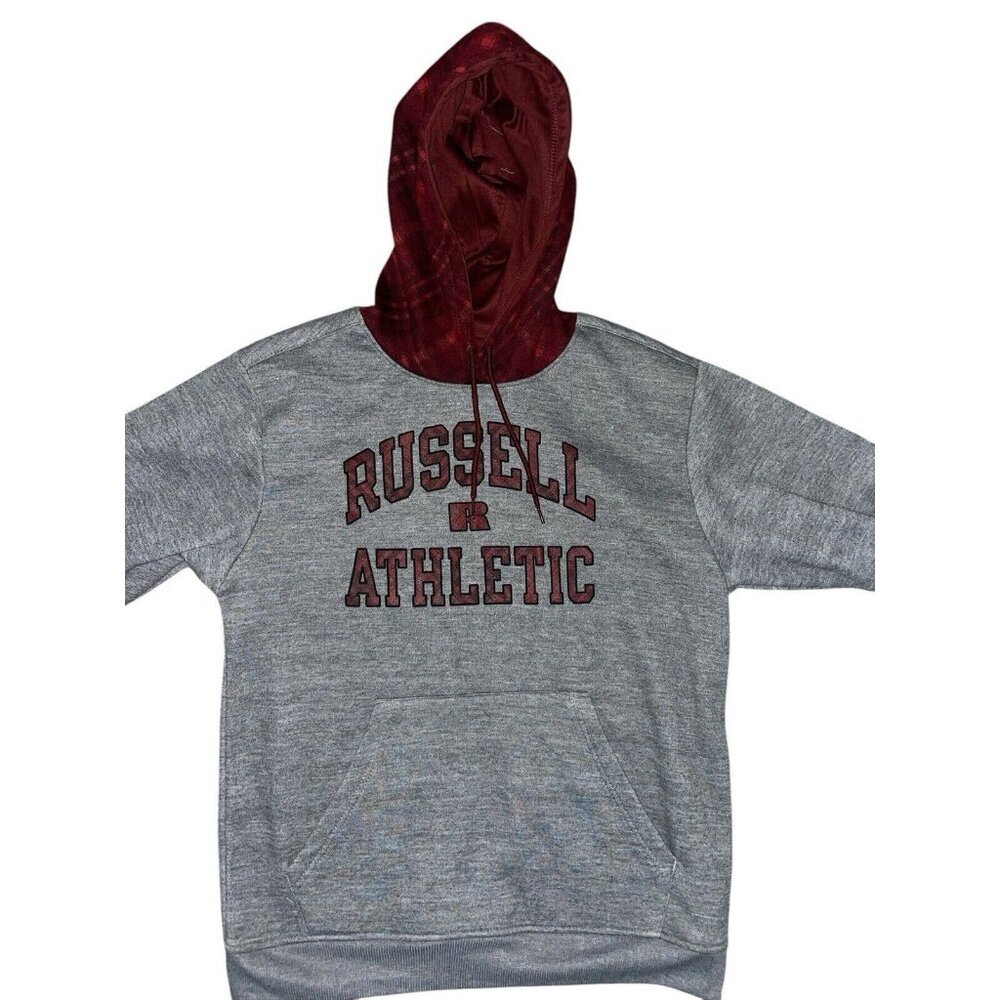 Russell Athletic Logo Hoodie Pocket Sweatshirt Men's Medium Gray Burgundy Plaid